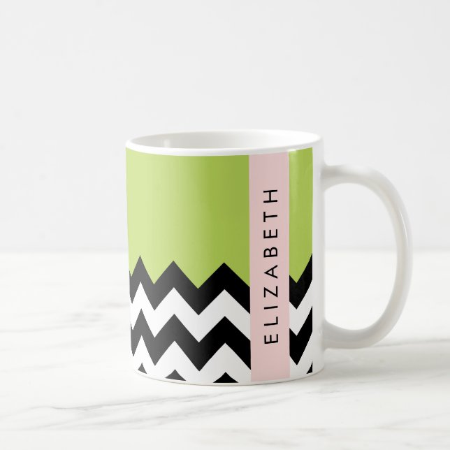 Black and White Zigzag, Chevron, Green, Your Name Coffee Mug (Right)