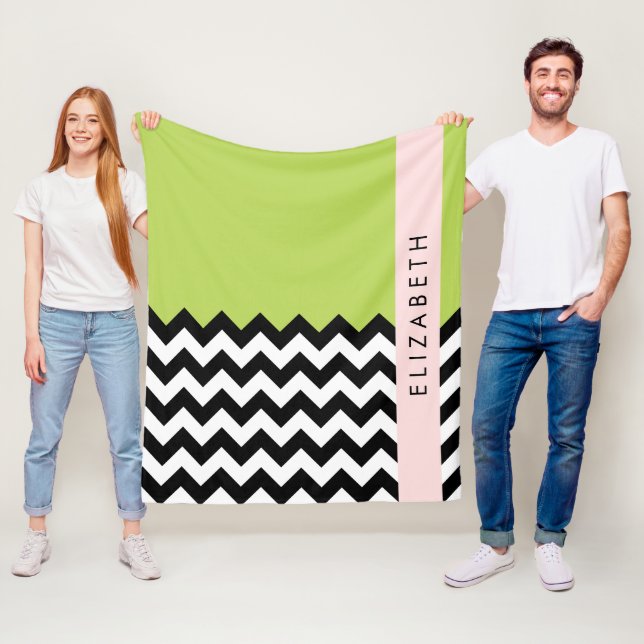 Black and White Zigzag, Chevron, Green, Your Name Fleece Blanket (In Situ)