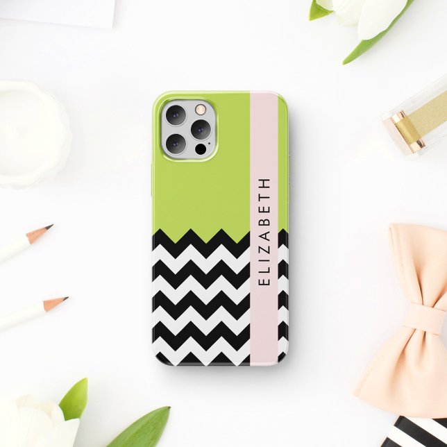 Black and White Zigzag, Chevron, Green, Your Name iPhone 16 Case (Creator Uploaded)