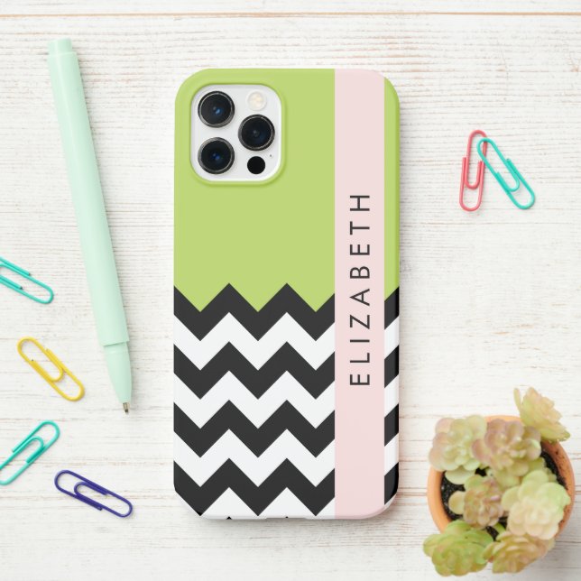 Black and White Zigzag, Chevron, Green, Your Name iPhone Case (On Desk)