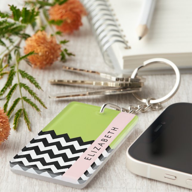 Black and White Zigzag, Chevron, Green, Your Name Key Ring (Front Right)