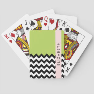 Black and White Zigzag, Chevron, Green, Your Name Playing Cards