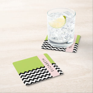 Black and White Zigzag, Chevron, Green, Your Name Square Paper Coaster