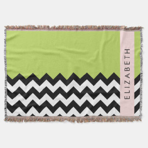 Black and White Zigzag, Chevron, Green, Your Name Throw Blanket