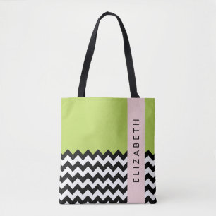 Black and White Zigzag, Chevron, Green, Your Name Tote Bag