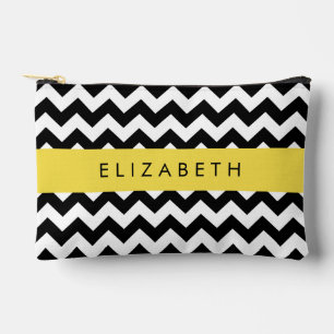 Black and White Zigzag, Chevron Pattern, Your Name Accessory Pouch