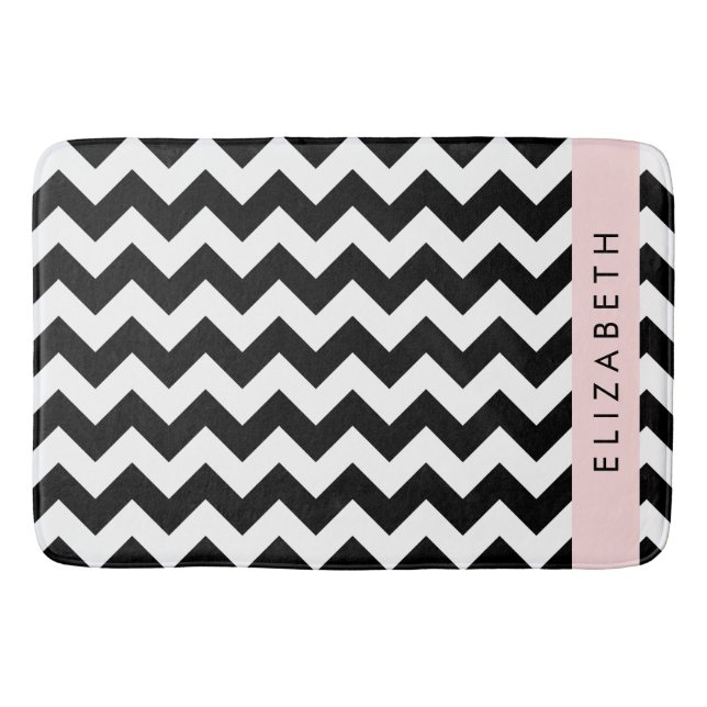 Black and White Zigzag, Chevron Pattern, Your Name Bath Mat (Front)
