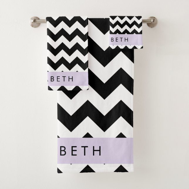 Black and White Zigzag, Chevron Pattern, Your Name Bath Towel Set (Insitu)