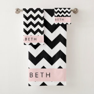 Black and White Zigzag, Chevron Pattern, Your Name Bath Towel Set