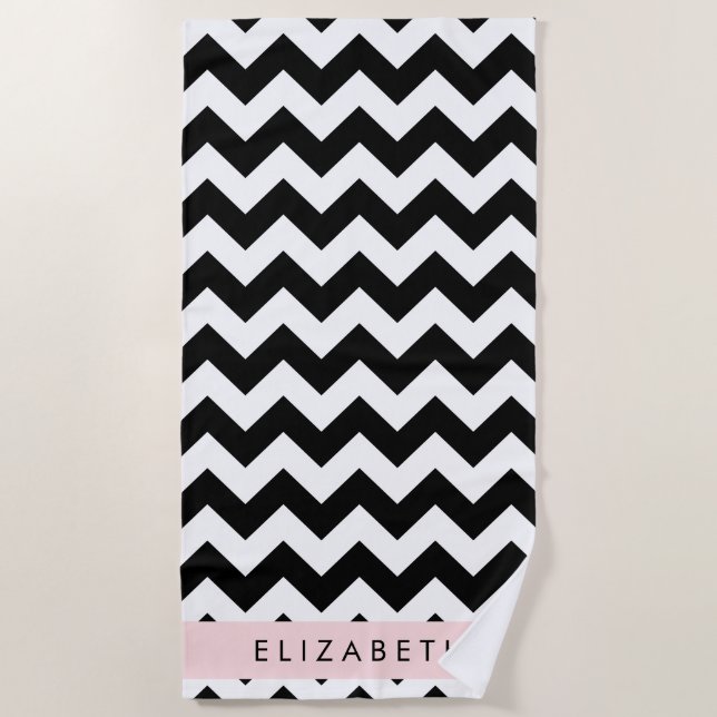 Black and White Zigzag, Chevron Pattern, Your Name Beach Towel (Front)