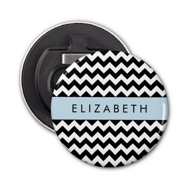 Black and White Zigzag, Chevron Pattern, Your Name Bottle Opener (Front)