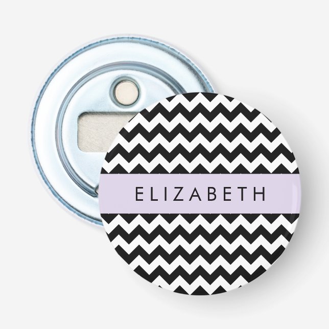 Black and White Zigzag, Chevron Pattern, Your Name Bottle Opener (Front)