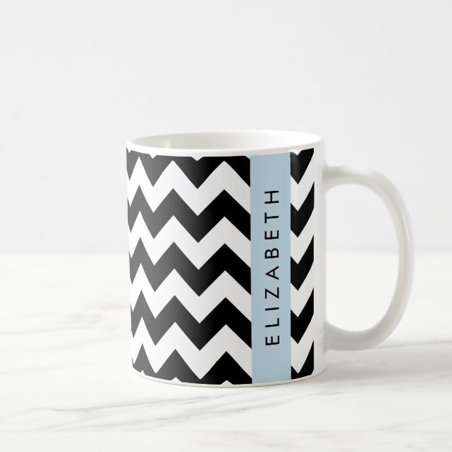 Black and White Zigzag, Chevron Pattern, Your Name Coffee Mug (Right)