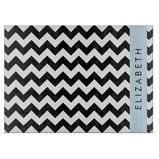 Black and White Zigzag, Chevron Pattern, Your Name Cutting Board (Front)