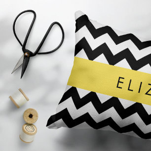 Black and White Zigzag, Chevron Pattern, Your Name Decorative Cushion
