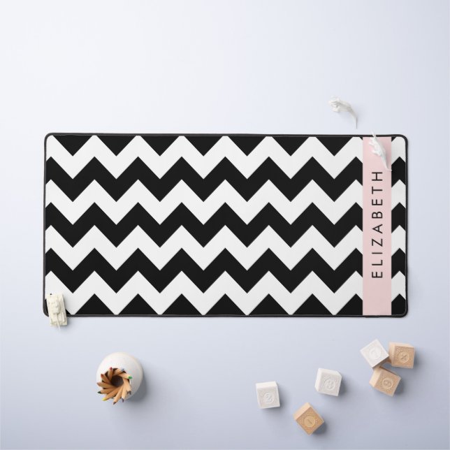 Black and White Zigzag, Chevron Pattern, Your Name Desk Mat (Kids Table)