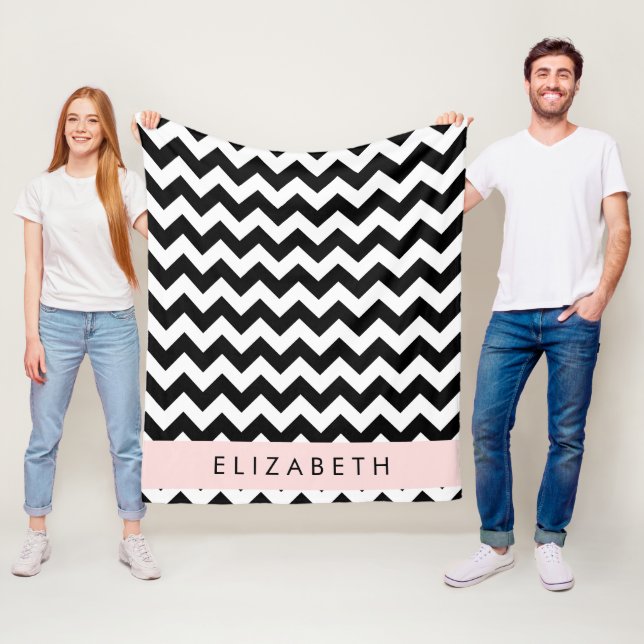 Black and White Zigzag, Chevron Pattern, Your Name Fleece Blanket (In Situ)