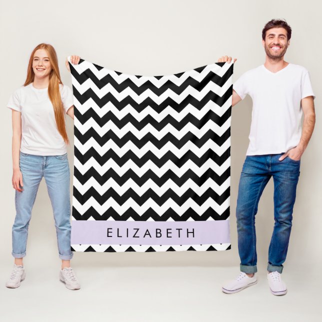 Black and White Zigzag, Chevron Pattern, Your Name Fleece Blanket (In Situ)