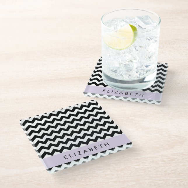 Black and White Zigzag, Chevron Pattern, Your Name Glass Coaster (Angled)