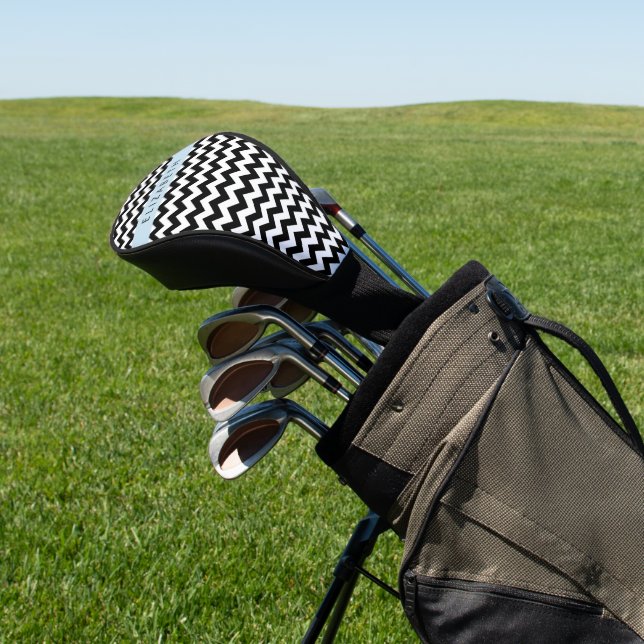 Black and White Zigzag, Chevron Pattern, Your Name Golf Head Cover (In Situ)