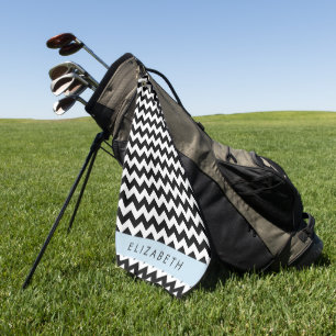 Black and White Zigzag, Chevron Pattern, Your Name Golf Towel