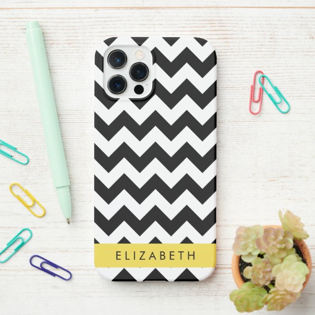 Black and White Zigzag, Chevron Pattern, Your Name iPhone Case (On Desk)