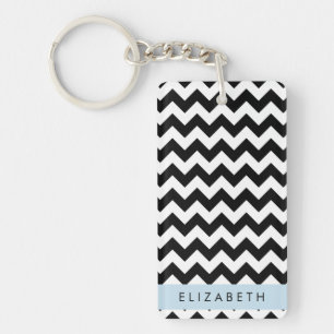 Black and White Zigzag, Chevron Pattern, Your Name Key Ring