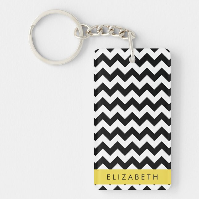 Black and White Zigzag, Chevron Pattern, Your Name Key Ring (Front)