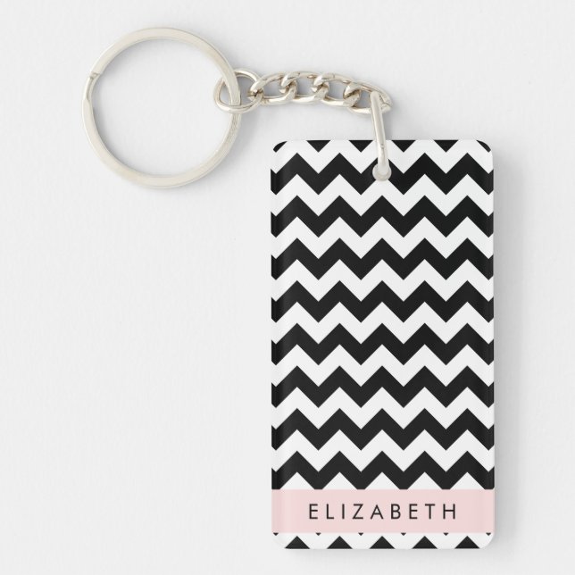 Black and White Zigzag, Chevron Pattern, Your Name Key Ring (Front)