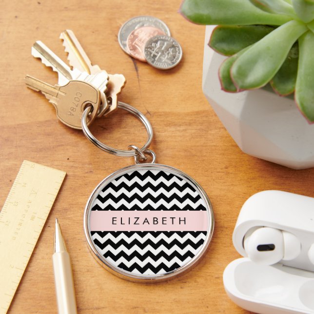 Black and White Zigzag, Chevron Pattern, Your Name Key Ring (Desk)
