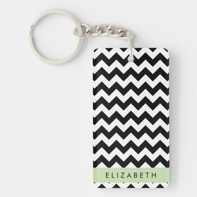 Black and White Zigzag, Chevron Pattern, Your Name Key Ring (Front)
