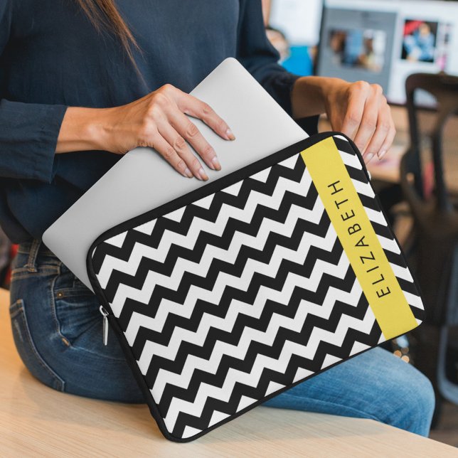 Black and White Zigzag, Chevron Pattern, Your Name Laptop Sleeve (Creator Uploaded)