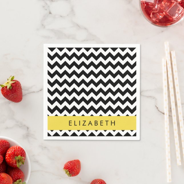 Black and White Zigzag, Chevron Pattern, Your Name Napkin (Insitu)