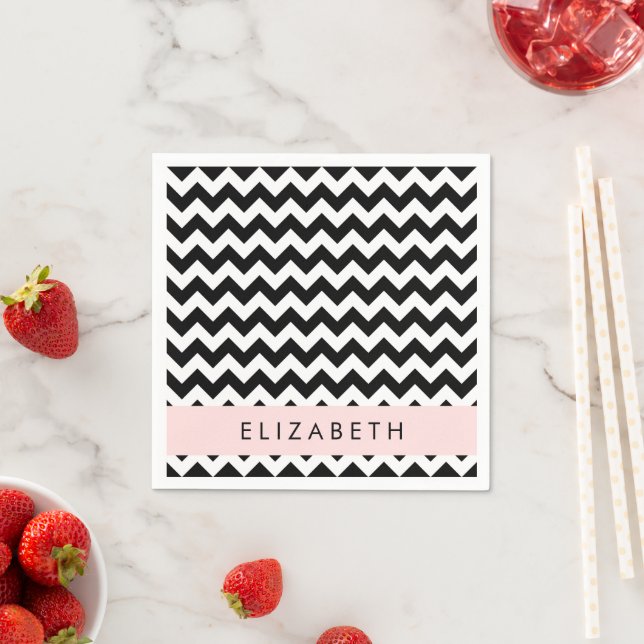 Black and White Zigzag, Chevron Pattern, Your Name Napkin (Insitu)