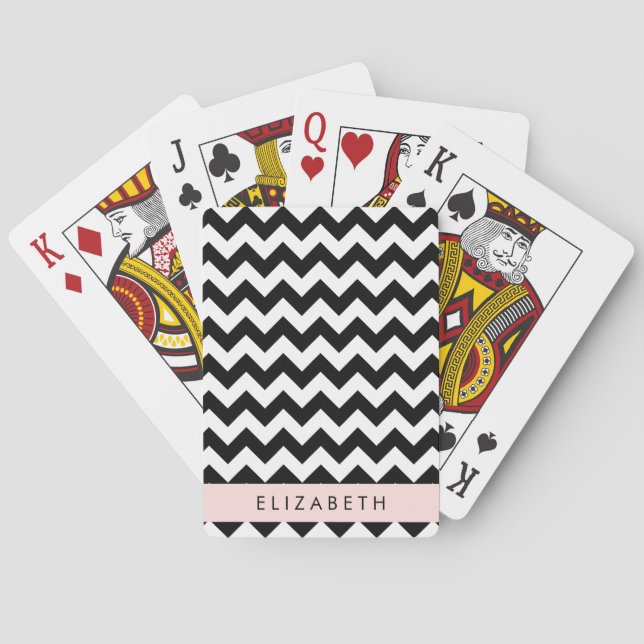 Black and White Zigzag, Chevron Pattern, Your Name Playing Cards (Back)