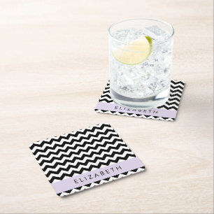 Black and White Zigzag, Chevron Pattern, Your Name Square Paper Coaster