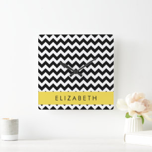 Black and White Zigzag, Chevron Pattern, Your Name Square Wall Clock
