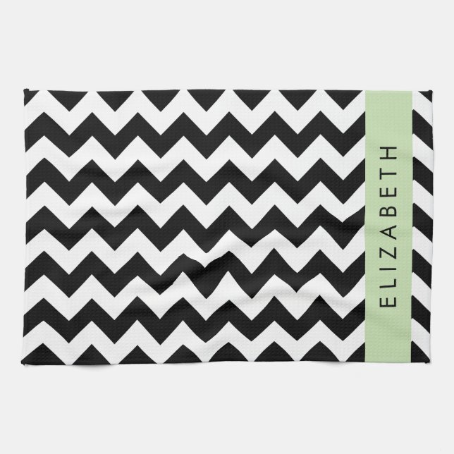 Black and White Zigzag, Chevron Pattern, Your Name Tea Towel (Horizontal)