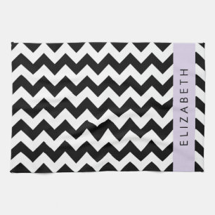 Black and White Zigzag, Chevron Pattern, Your Name Tea Towel