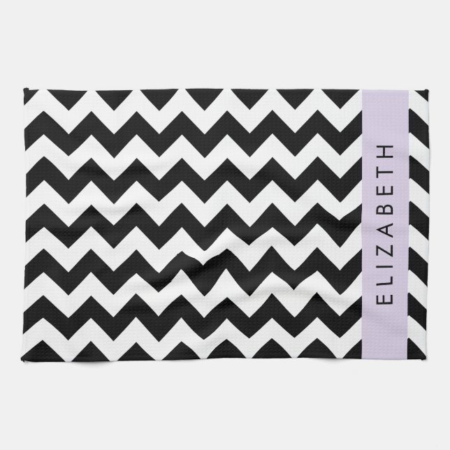 Black and White Zigzag, Chevron Pattern, Your Name Tea Towel (Horizontal)