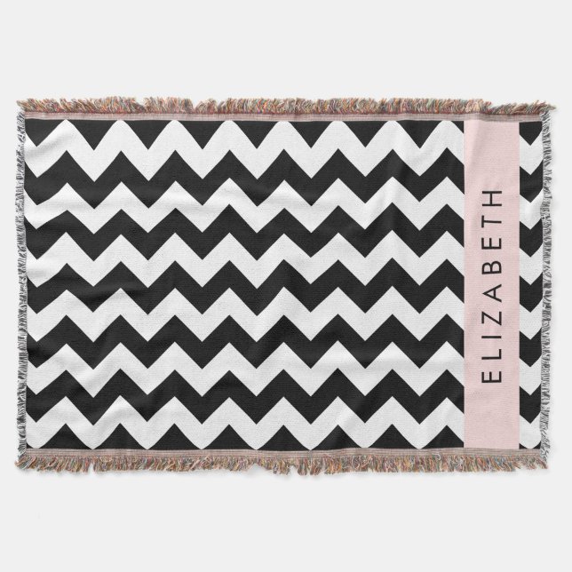 Black and White Zigzag, Chevron Pattern, Your Name Throw Blanket (Front)