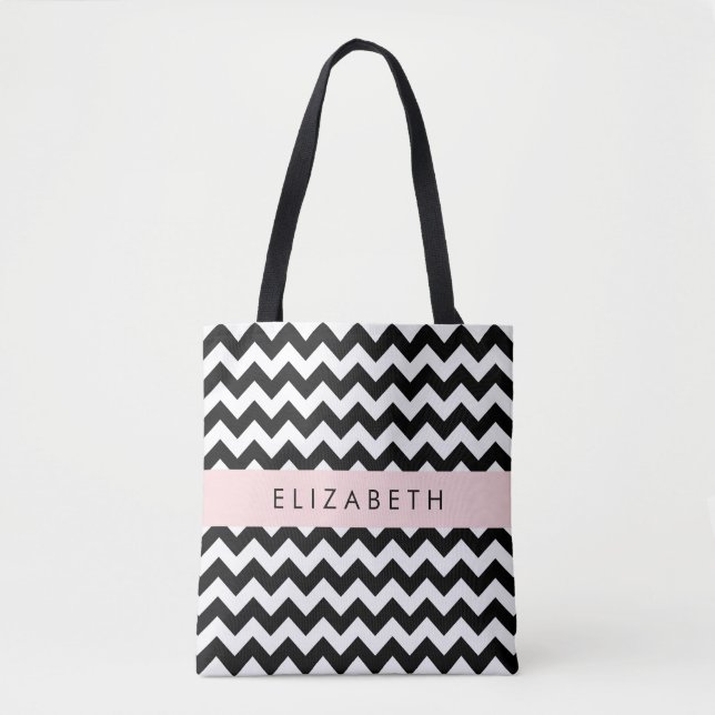 Black and White Zigzag, Chevron Pattern, Your Name Tote Bag (Front)