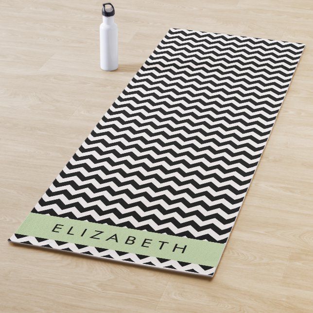 Black and White Zigzag, Chevron Pattern, Your Name Yoga Mat (In Situ)