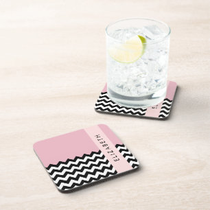 Black and White Zigzag, Chevron, Pink, Your Name Coaster
