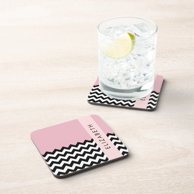 Black and White Zigzag, Chevron, Pink, Your Name Coaster (Right Side)