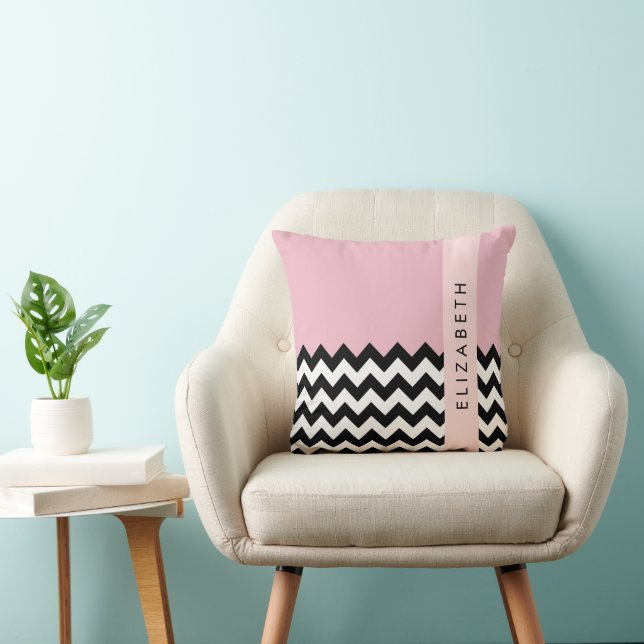 Black and White Zigzag, Chevron, Pink, Your Name Cushion (Chair)