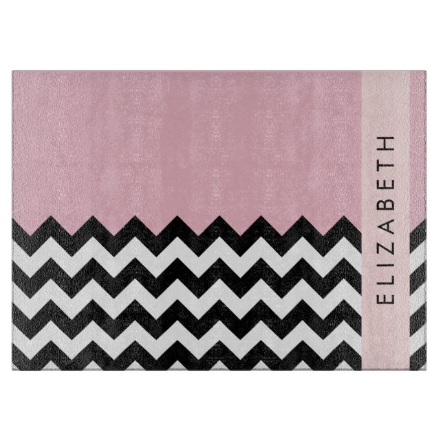 Black and White Zigzag, Chevron, Pink, Your Name Cutting Board (Front)