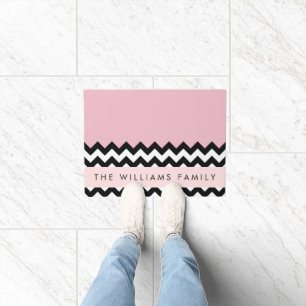 Black and White Zigzag, Chevron, Pink, Your Name Doormat