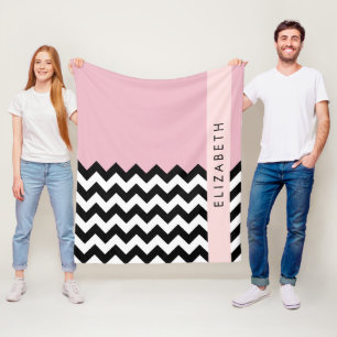 Black and White Zigzag, Chevron, Pink, Your Name Fleece Blanket