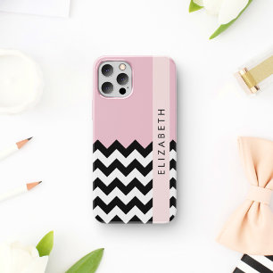 Black and White Zigzag, Chevron, Pink, Your Name iPhone 16 Case